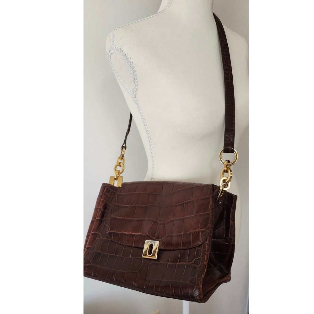 Vintage Joan & David Crocodile Embossed Leather Flap Shoulder Bag Brown Gold